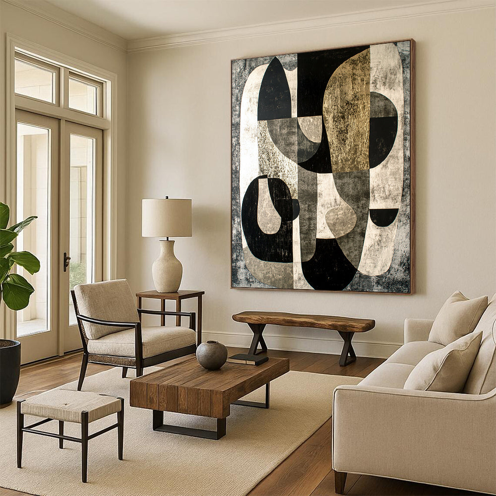 Black, Gray & Gold Abstract Forms - “Gilded Industrial Abstraction” Painting On Canvas HB204