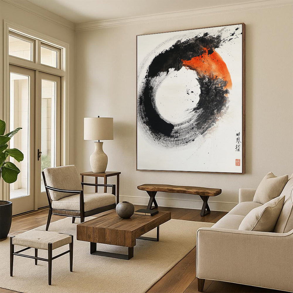 Black, White, Orange, Gray, Textured Circle "Fiery Enso" Abstract Expressionist Painting On Canvas HB106
