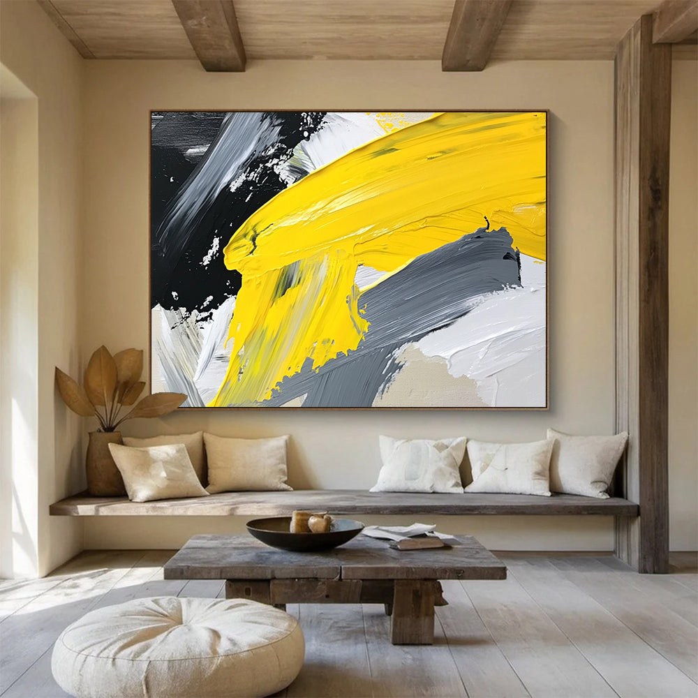 “Yellow - Gray Layered Abstraction” - Yellow, Gray, White, Textured Color Blocks - Acrylic Painting HB1627