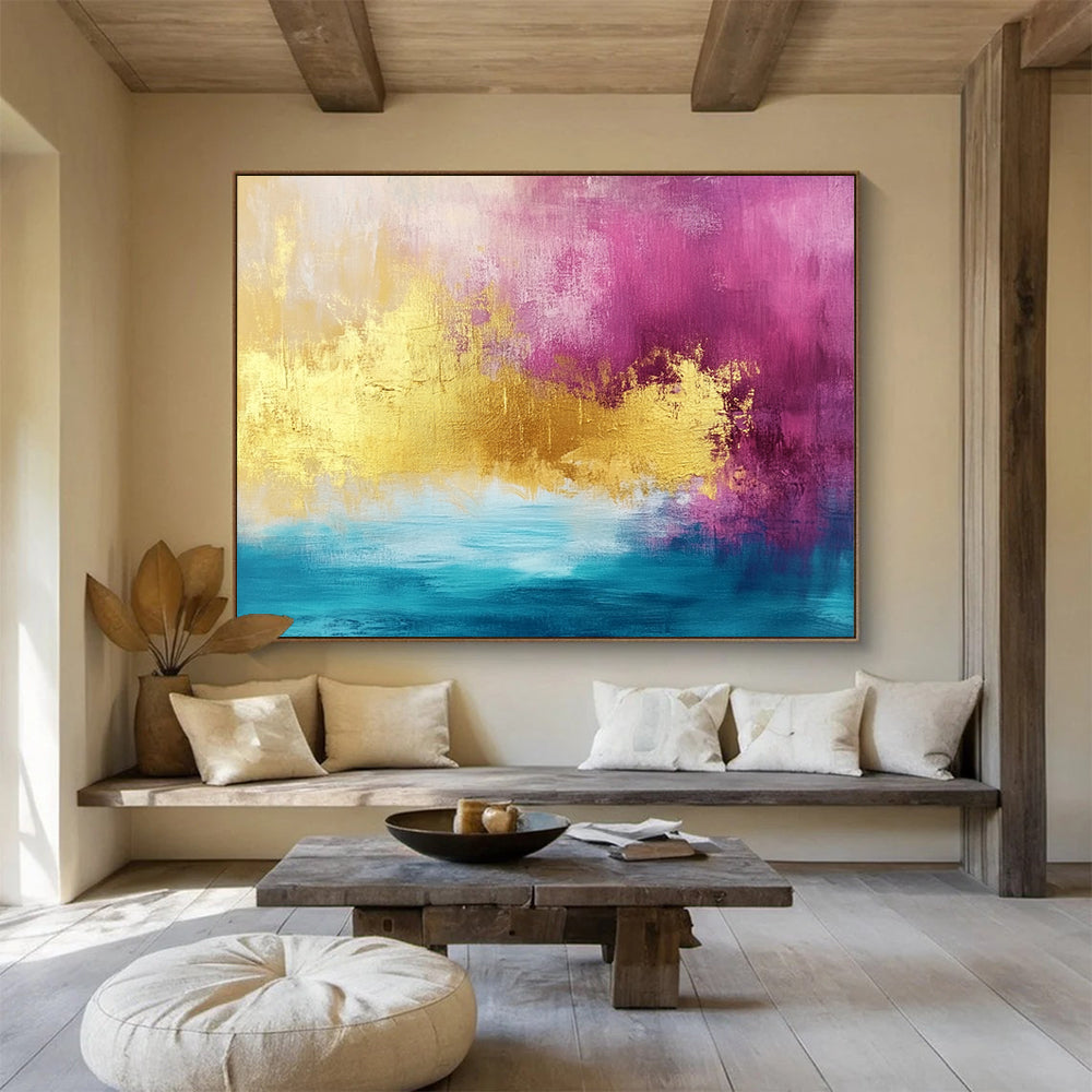 “Pink, Gold, and Blue Abstract” - Pink, Gold, Blue, Bold Color Blocks Painting On Canvas HB0883
