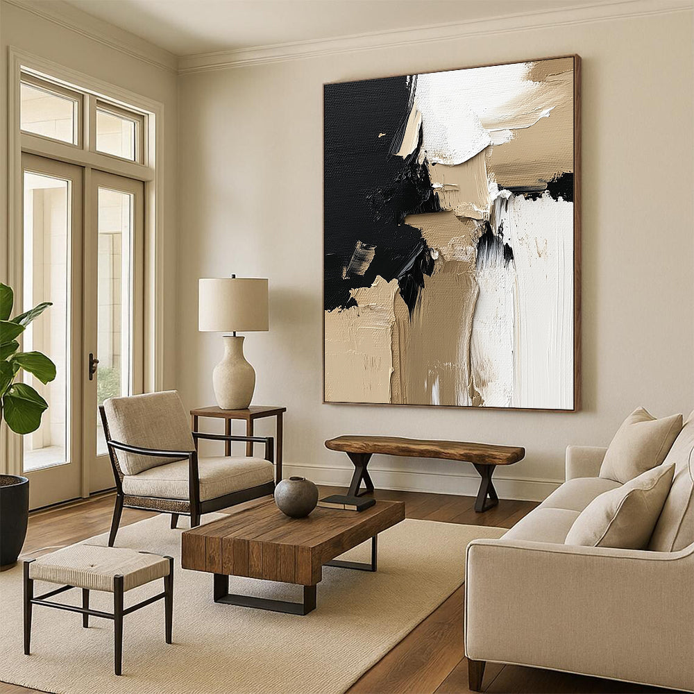 Contemporary hand-painted abstract artwork featuring a striking blend of black, white, and beige textures perfect for enhancing wall aesthetics. DLZ0321