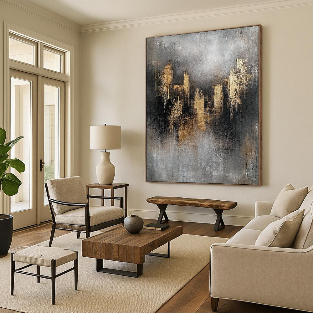 Contemporary abstract art featuring gray and gold skyline elements textured on canvas with a minimalist industrial feel and ambient lighting highlights. DLZ0520