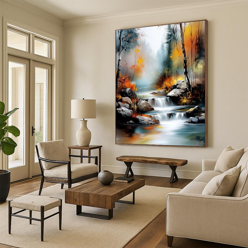 Contemporary abstract landscape featuring a tranquil river amid an autumn forest with misty hues and vibrant light effects in a digital watercolor style. DLZ1128
