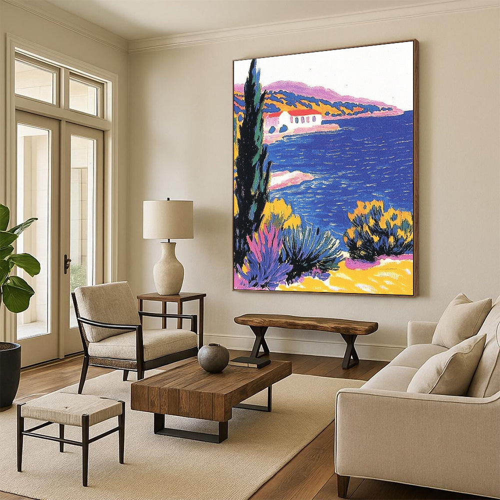Contemporary hand-painted abstract artwork featuring a beautiful blue sea cypress tree and pastel coastal scenery in a vintage postcard style. DLZ1266