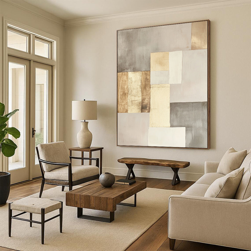 Beige, Gray & Gold Geometric Squares - “Elegant Neutral Grid” Painting On Canvas HB206