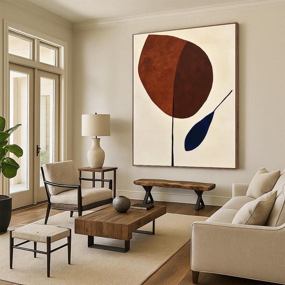 Contemporary abstract painting featuring organic shapes in brown and blue on a minimalist white background, evoking mid-century artistic style. DLZ1309