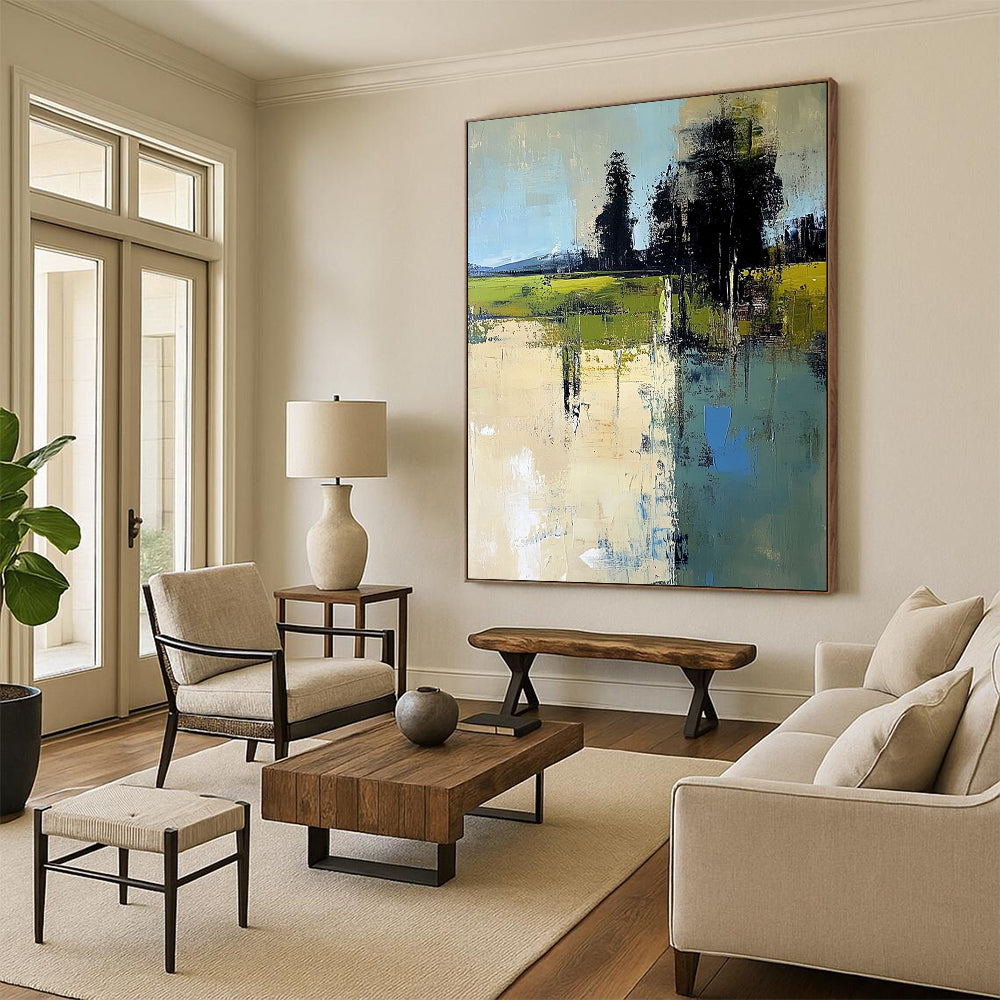 Contemporary hand-painted abstract artwork featuring an Italian landscape with muted beige greens and blues in a minimalist style. DLZ0463