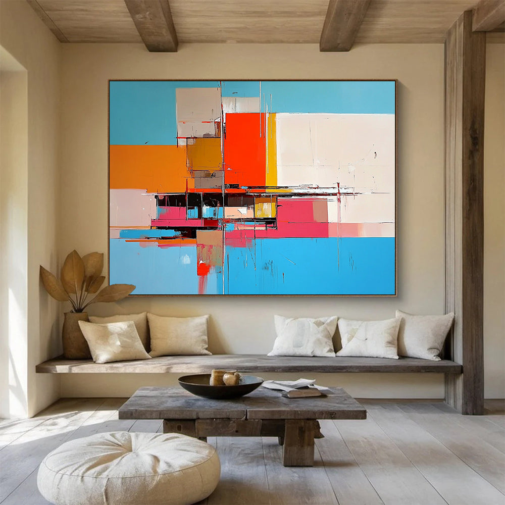 “Geometric Color Blocks” - Blue, Orange, Pink, Abstract Cubist - inspired Painting On Canvas HB1101