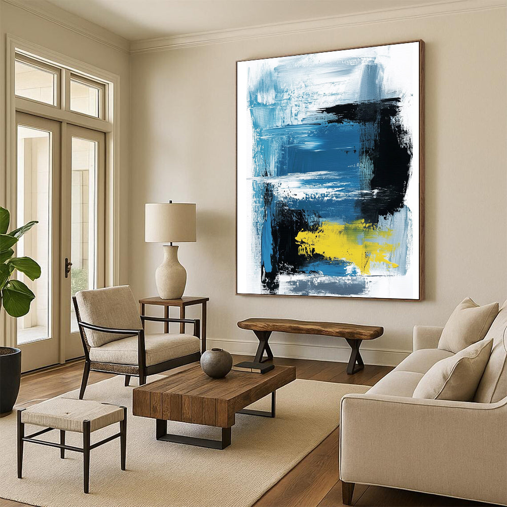 Large contemporary hand-painted abstract artwork featuring thick brush strokes and lines in light blue black and yellow on a white background by Amippo. DLZ1702