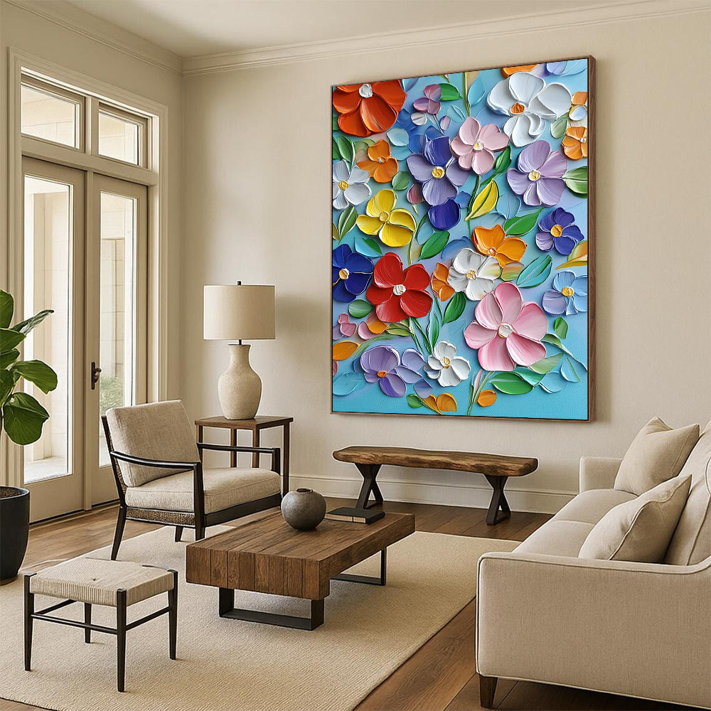 Vibrant contemporary hand-painted abstract artwork featuring blooming flowers in bold colors with textured strokes on a light blue canvas. DLZ1493