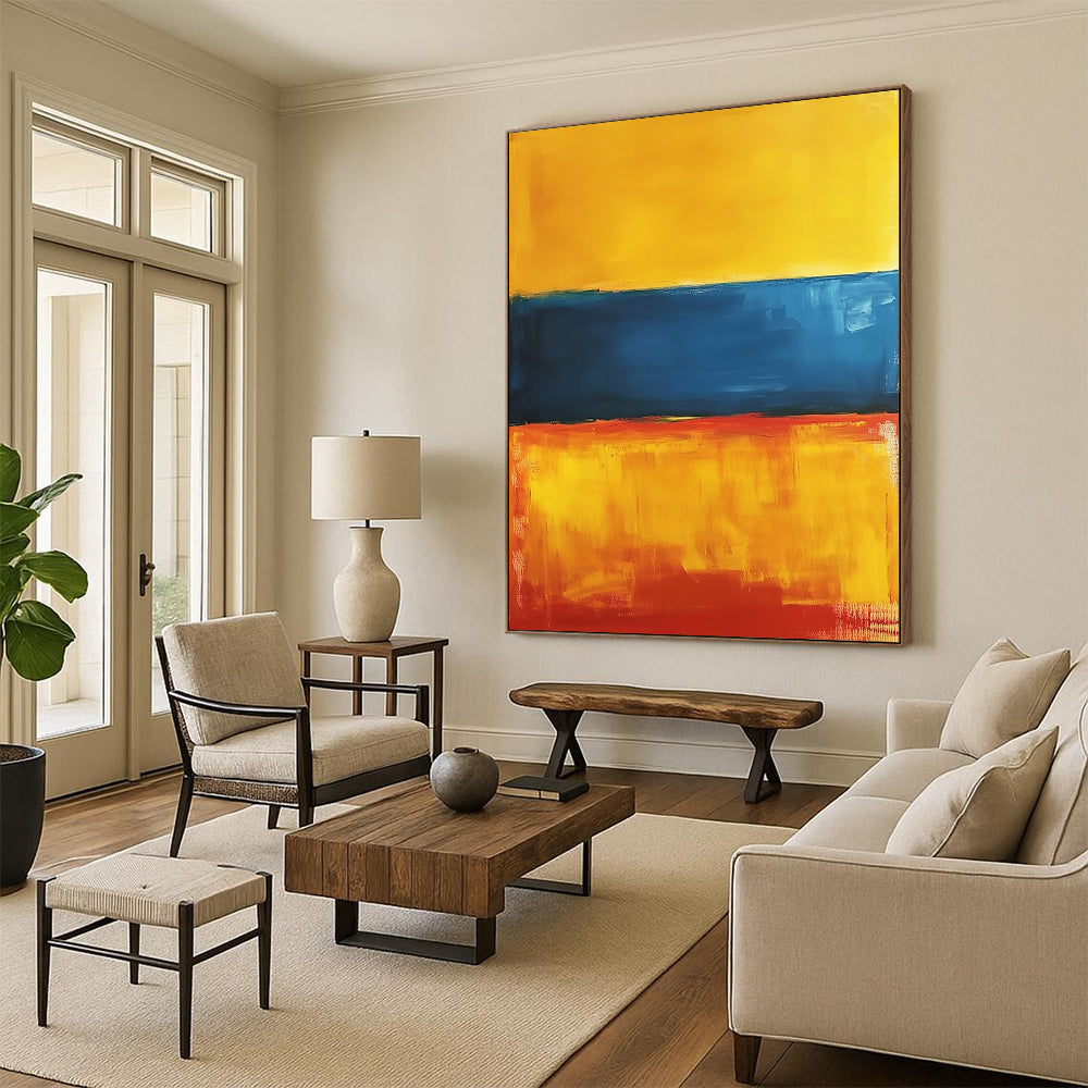 Contemporary abstract artwork featuring a vibrant interplay of orange, blue, and yellow hues, inspired by minimalist aesthetics. DLZ1354