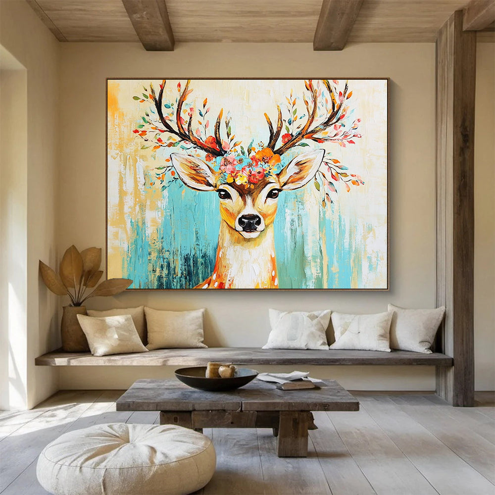 “Floral - Antlered Deer” - Yellow, Blue, Colorful Flowers, Deer Portrait - Whimsical Acrylic Painting HB1677