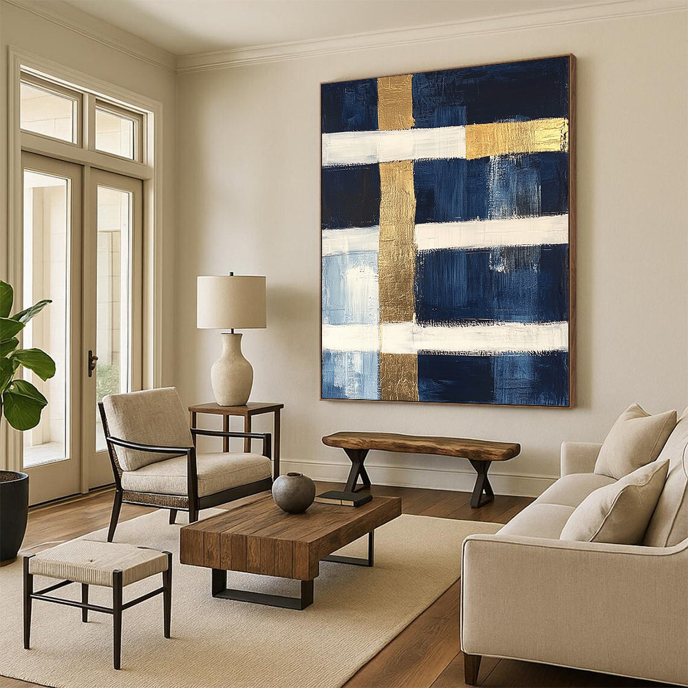 Navy, White, Gold, Horizontal Stripes "Gilded Nautical Horizons" Abstract Minimalist Painting On Canvas HB154