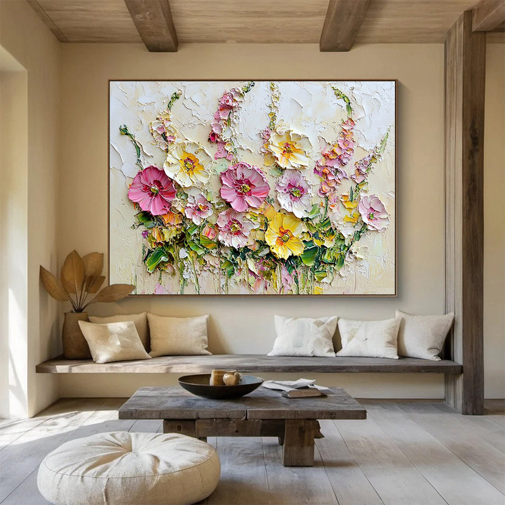 “Textured Floral Bouquet” - Pinks, Yellows, Greens, Thickly Painted Flower Bouquet - Impasto Oil Painting HB1744