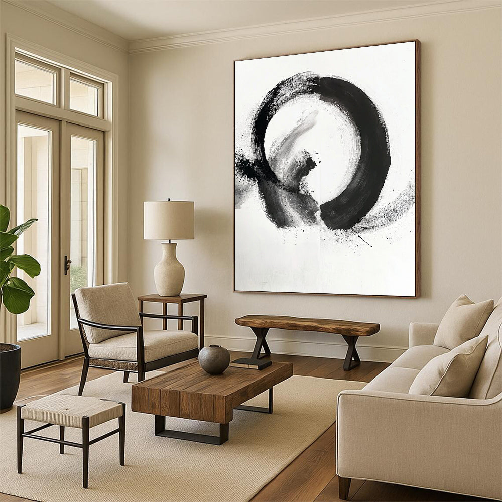 Black and White Mixed Circle "Hybrid Zen" Painting On Canvas HB279