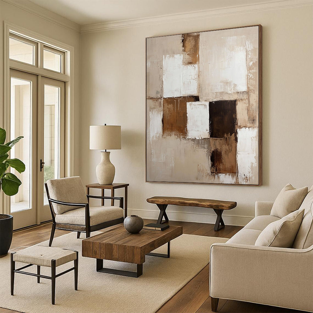 Contemporary abstract painting with beige and white tones and brown accents on textured canvas creates a perfect neutral wall accent. DLZ0289