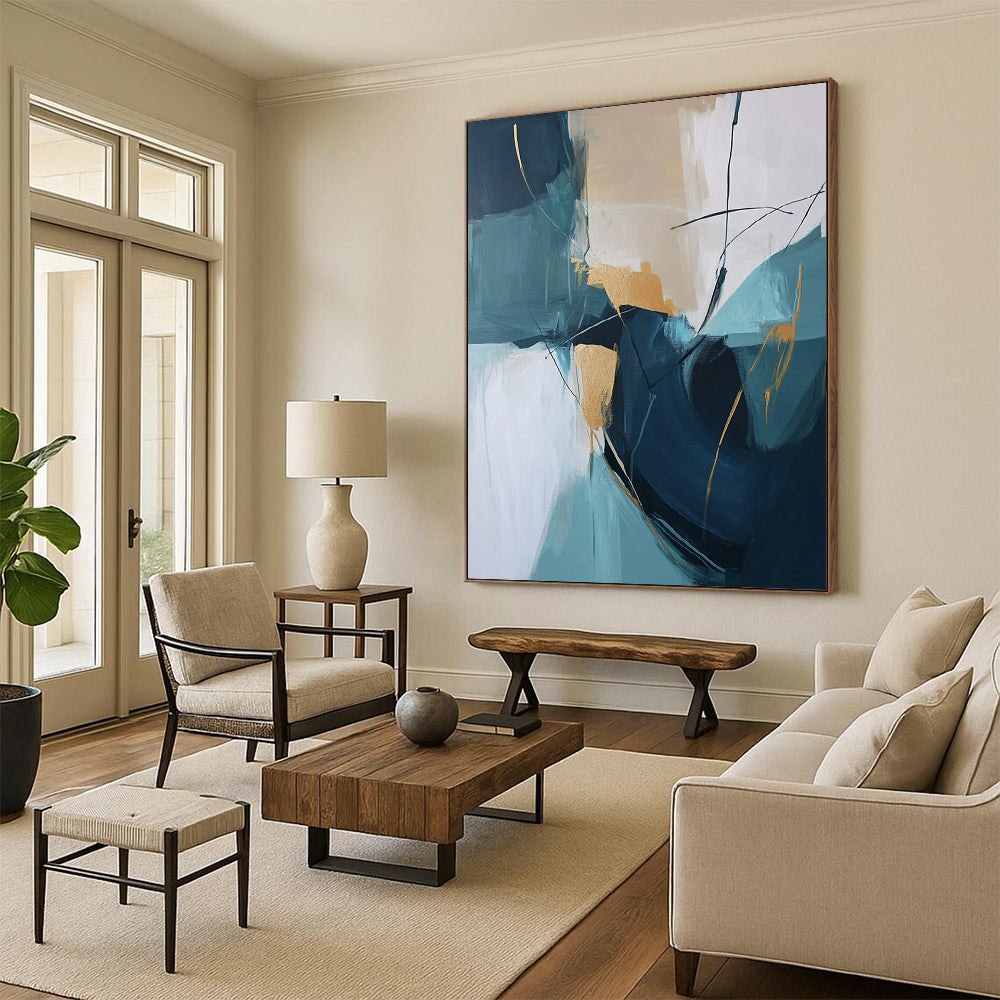 Large contemporary hand-painted abstract artwork featuring beige and teal colors with thick brush strokes and gold accents. DLZ0728