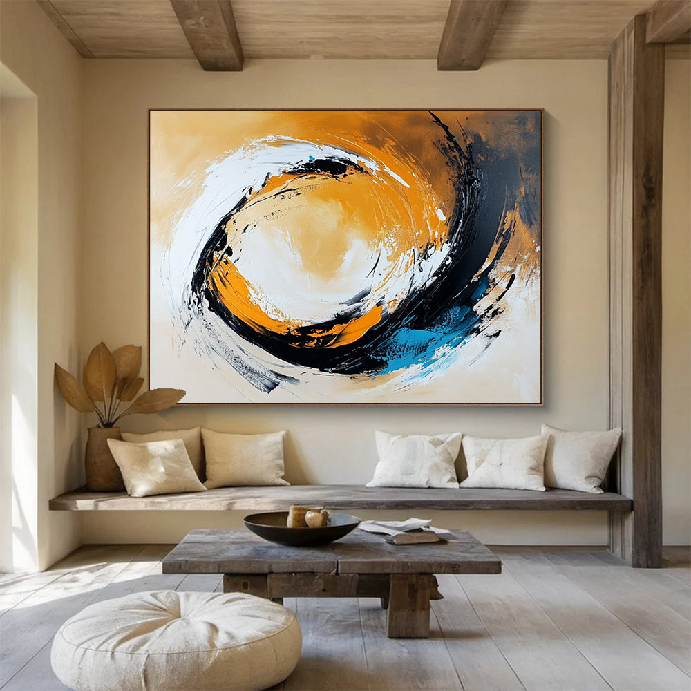 “Dynamic Swirl in Orange, Black, White, and Blue” - Orange, black, white, blue; Abstract swirling brushstrokes; Acrylic Painting On Canvas HB1232