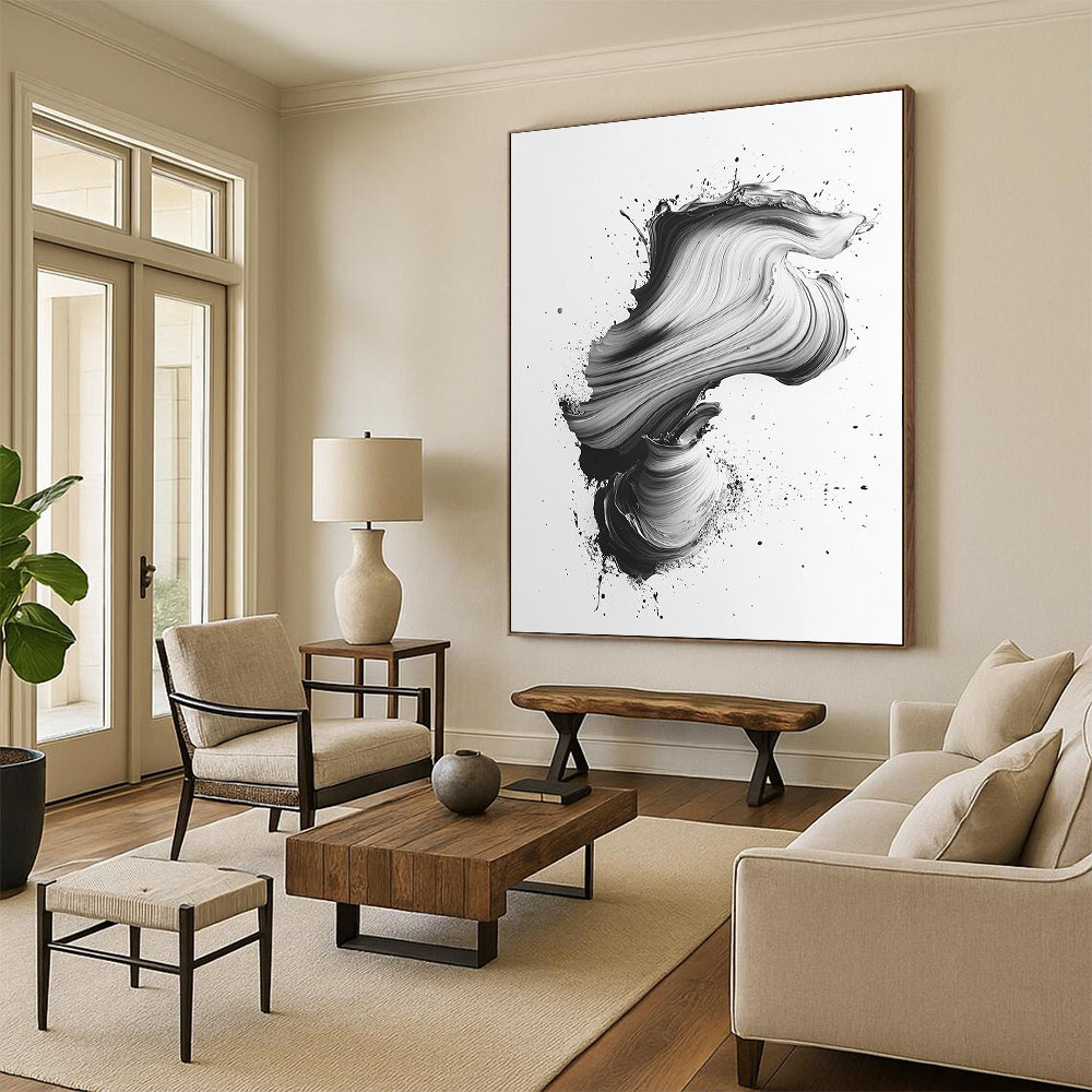 Black & Gray Swirled Brushstrokes on White - “Textured Ink Flow” Painting On Canvas HB220