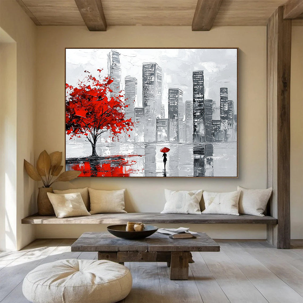 “Red Tree City Walk” - Red, Gray, Black, Urban Scene with Figure - Impasto Acrylic Painting HB1673
