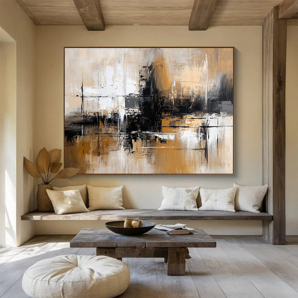 “Brown and Gray Abstract Cityscape” - Brown, gray, white, black; Abstract cityscape with a moody atmosphere; Acrylic Painting On Canvas HB1264