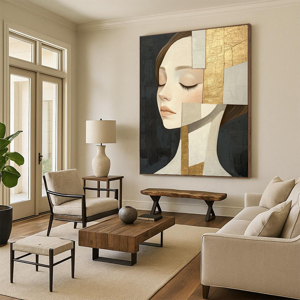 Large contemporary hand-painted abstract artwork featuring an elegant woman in beige tones with gold leaf accents against a dark gray background. DLZ1405