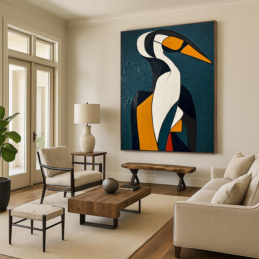 Contemporary abstract painting featuring a Cubist-inspired penguin with geometric woman amidst dark blue-green background and thick brushstrokes. DLZ1433