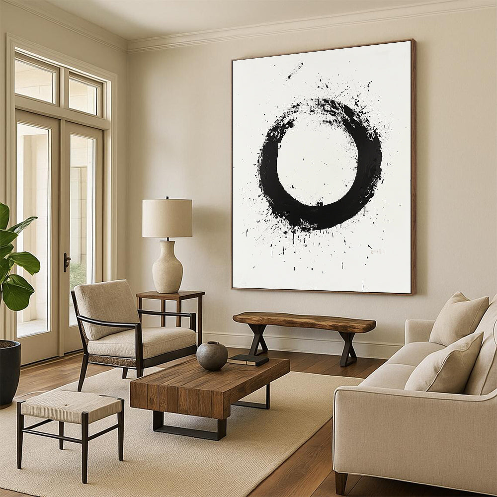 Black Circular Brushstroke with Splatter & Drip - “Classic Enso Expression” Painting On Canvas HB250