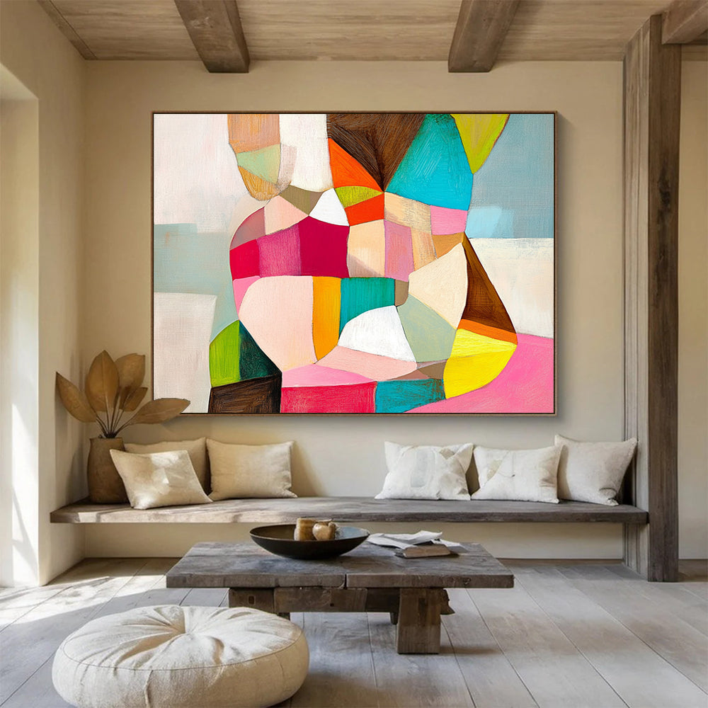 “Colorful Cubist Figure” - Pink, Green, Yellow, Abstract Human Form - Cubist Acrylic Painting HB1497