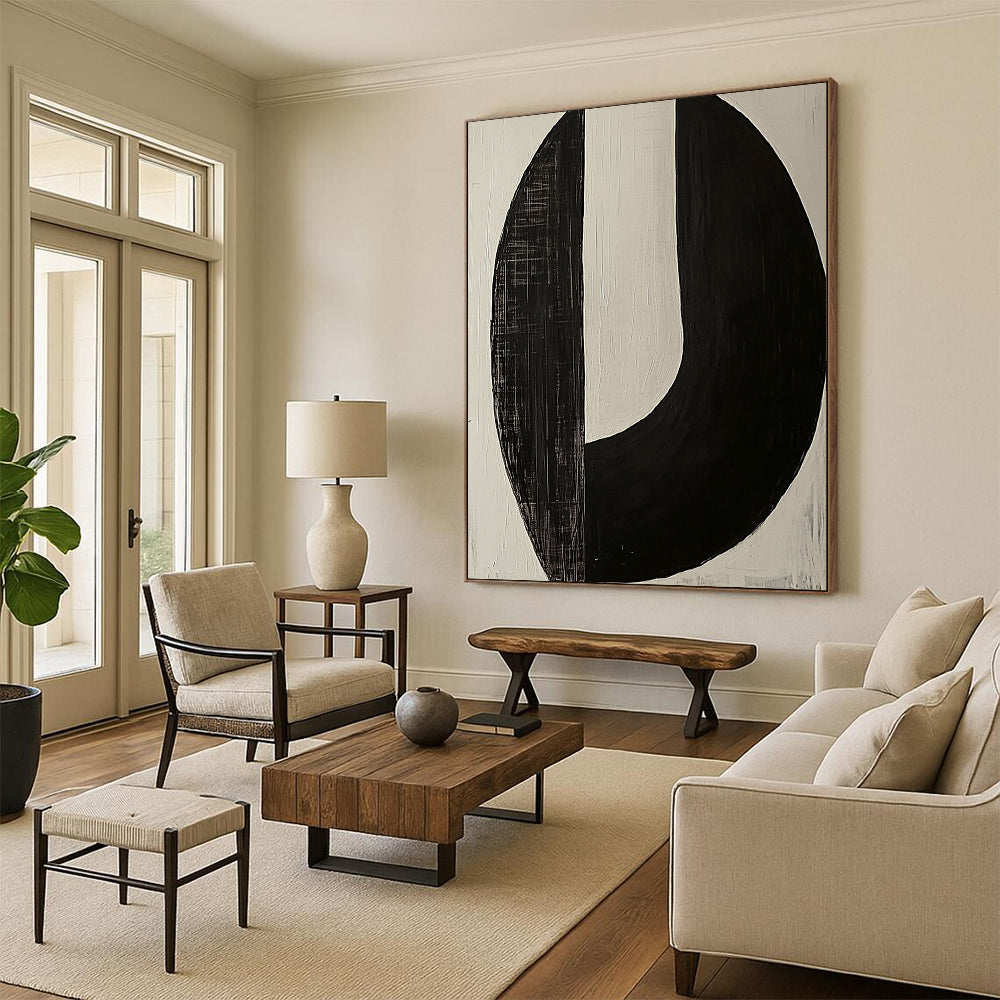 Contemporary large abstract painting featuring two minimalist axe-shaped forms in striking black and white tones for a bold artistic statement. DLZ1548