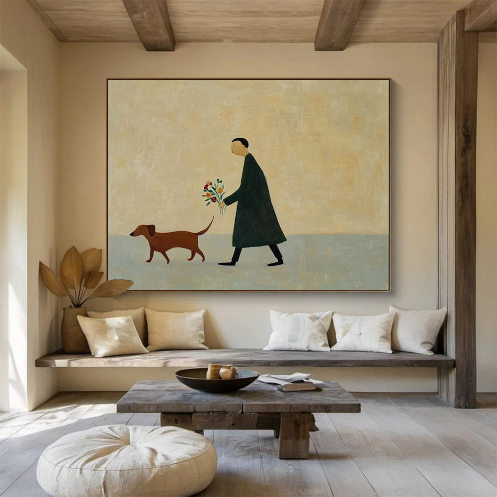“Man Walking Dog with Flowers” - Simple figures, muted colors, peaceful scene, Minimalist Narrative Painting On Canvas HB0603