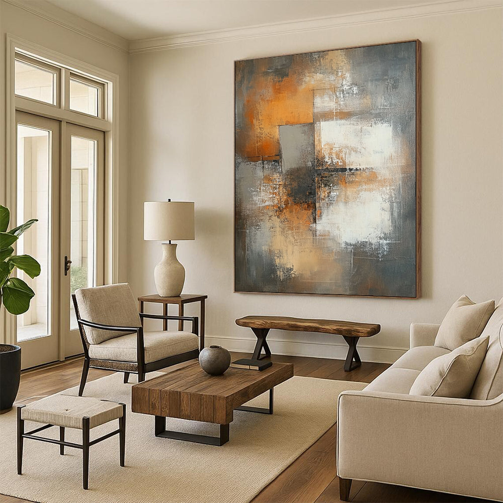 Large contemporary hand-painted abstract artwork featuring faded brown tones, white squares, and a central cross amidst an urban backdrop with expressive brush strokes. DLZ0515