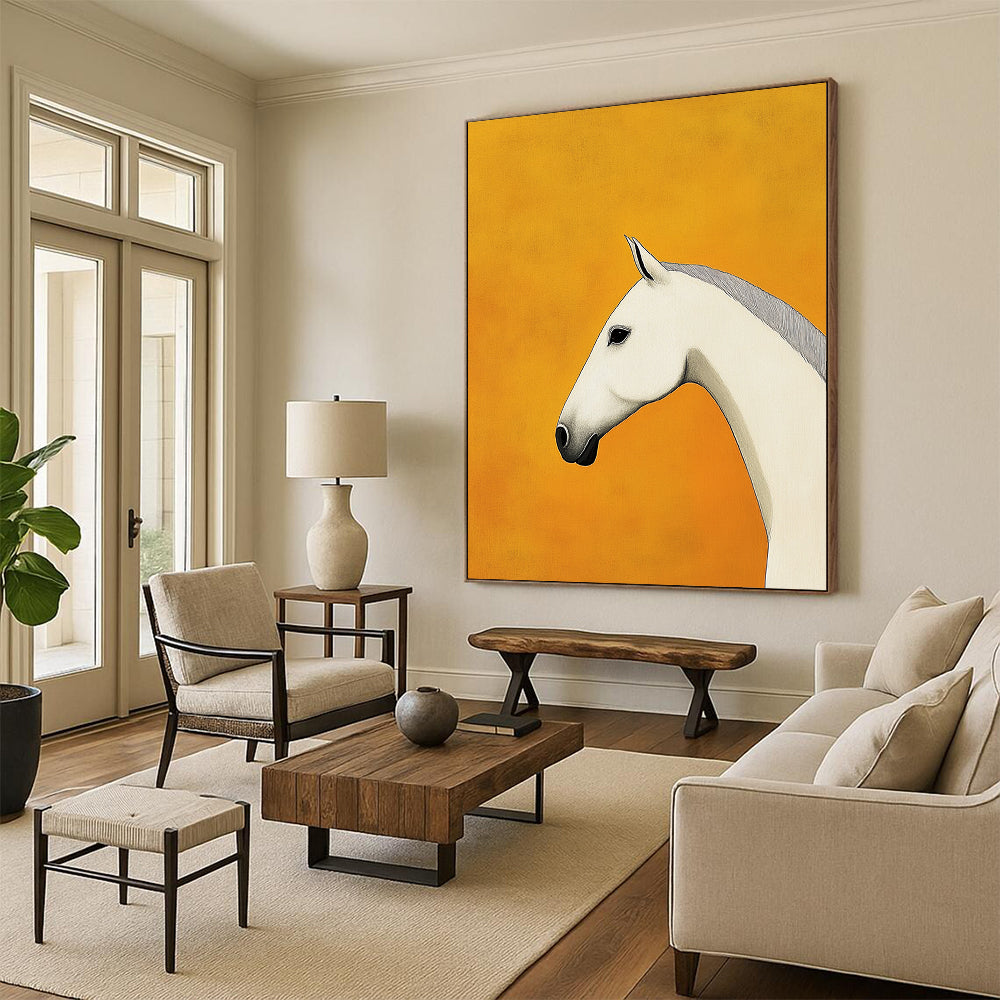 Contemporary hand-painted abstract art featuring a minimalist white horse design on a tranquil yellow background with clean lines and high-definition details. DLZ1513