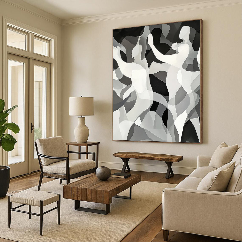 Black, White, Gray, Dancing Figures "Gilded Dance" Abstract Cubist - Inspired Painting On Canvas HB146