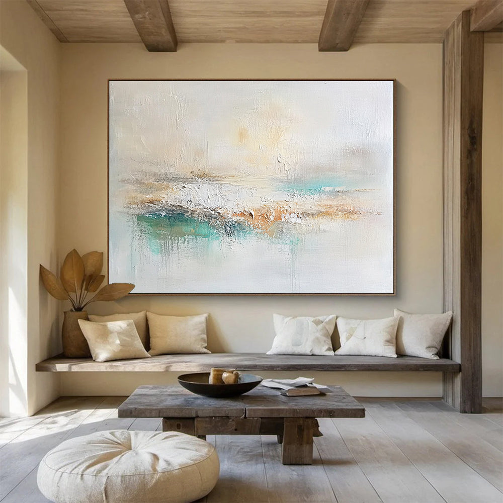 “Soft Neutral Abstract Landscape” - Beige, White, Teal, Gentle Textured Painting On Canvas HB1004