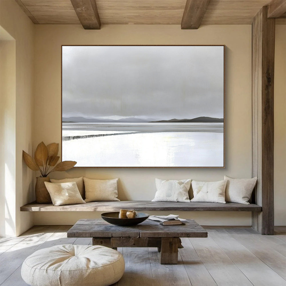 “Misty Lake Landscape” - Gray, white, blue, minimalist, Landscape Painting HB0624