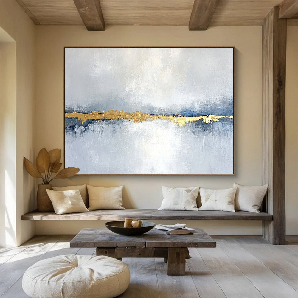 “Blue - Gray Goldline” - Blue, Gray, Gold, Abstract Minimalist Landscape Painting On Canvas HB1088