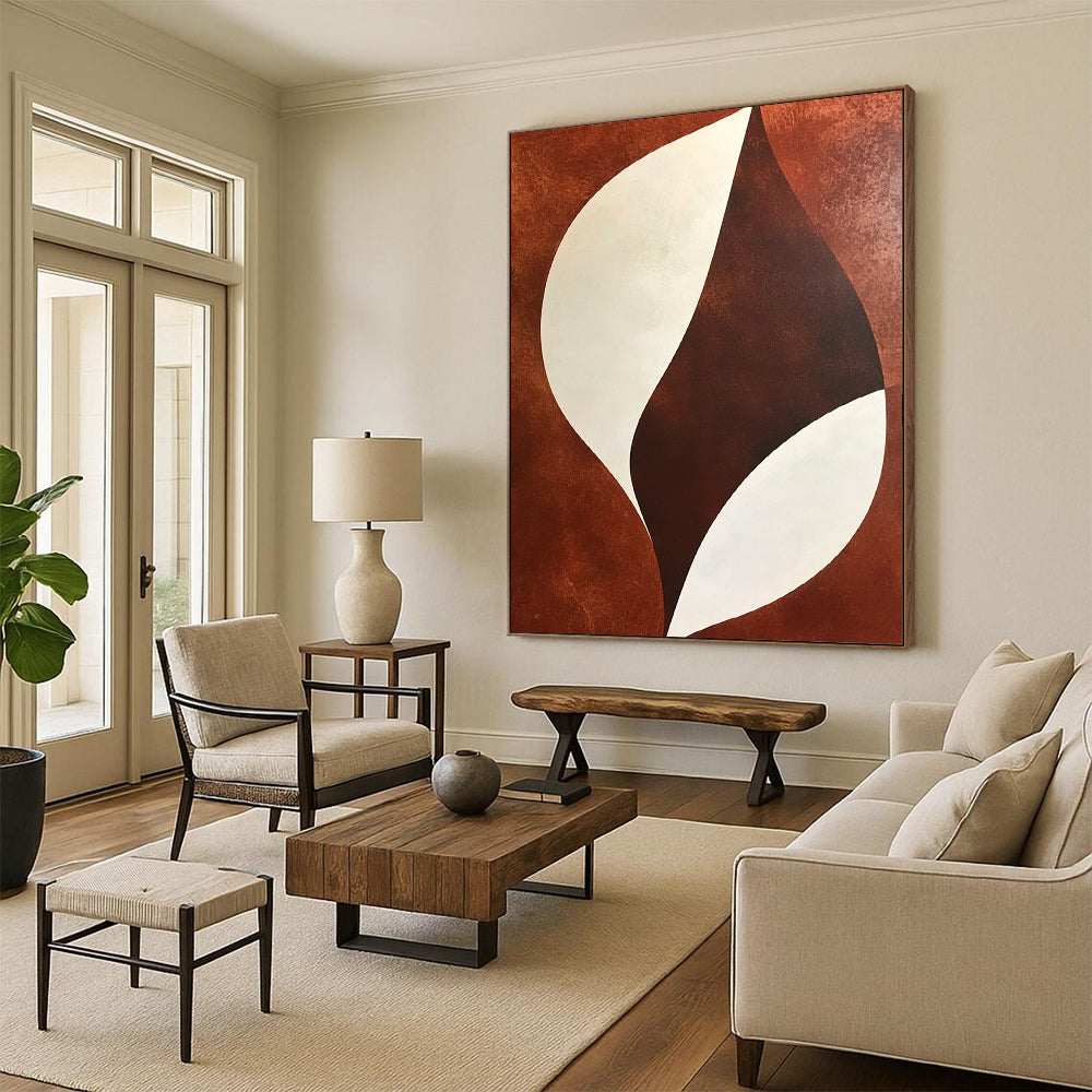 Large contemporary hand-painted abstract artwork featuring brown and white shapes with minimalist soft lines and geometric organic patterns. DLZ0979