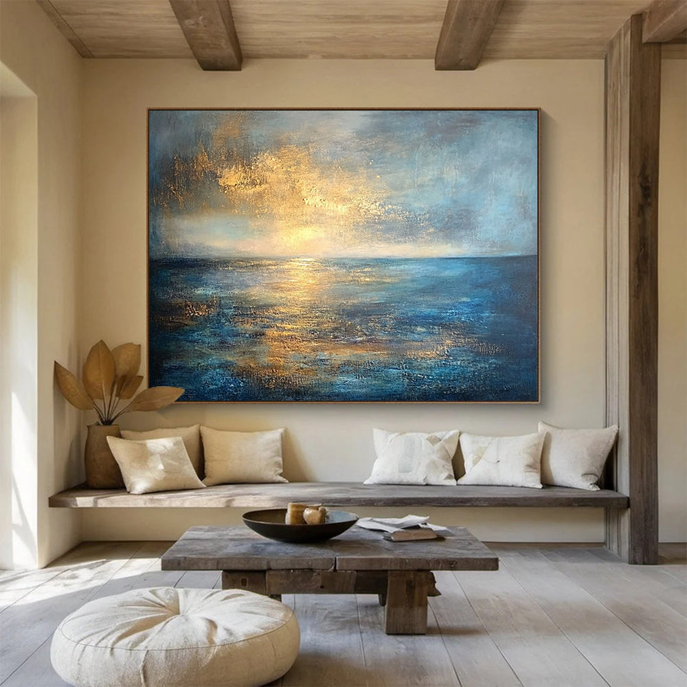 “Golden Sunset Seascape” - Gold, blue, gray; Abstract sunset over the sea; Textured Oil Painting On Canvas HB1188