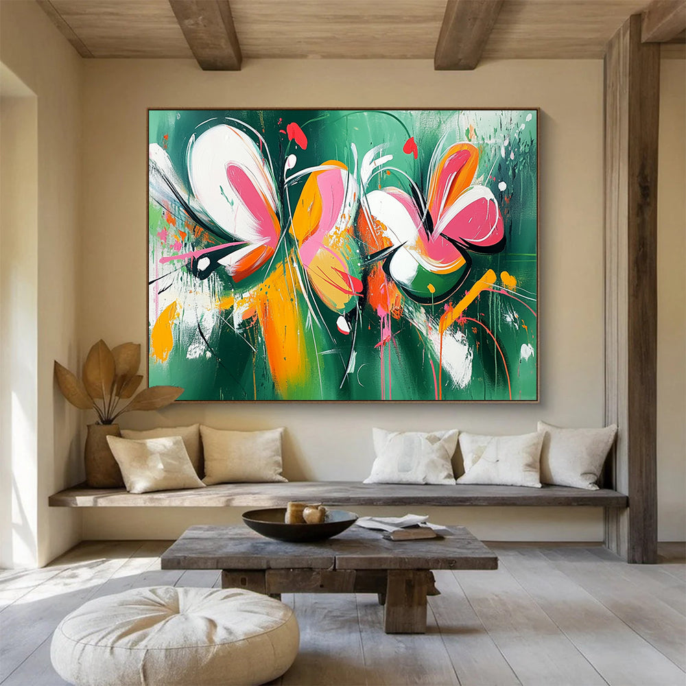 “Vibrant Floral Abstraction” - Green, Pink, Orange, Abstract Flowers Painting On Canvas HB0738