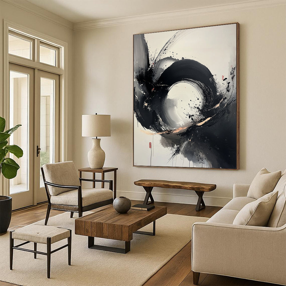 Black, White, Gray, Splattered Circle "Ink Blot Symphony" Abstract Expressionist Painting On Canvas HB105