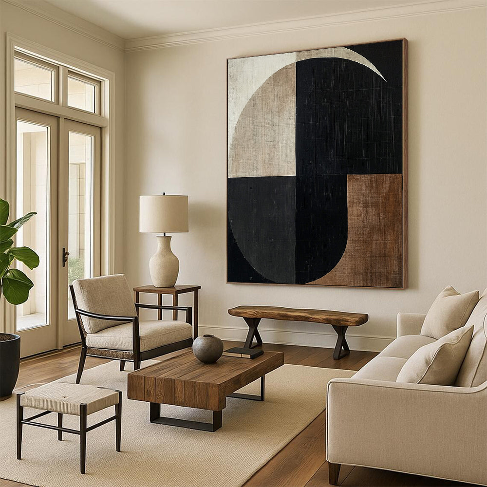 Contemporary hand-painted abstract artwork featuring minimalist black and white shapes with beige and brown tones creating a balanced geometric composition. DLZ1308