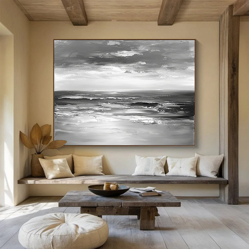 “Impasto Sea Waves in Gray” - Gray, White, Textured Sea Waves Painting On Canvas HB0801