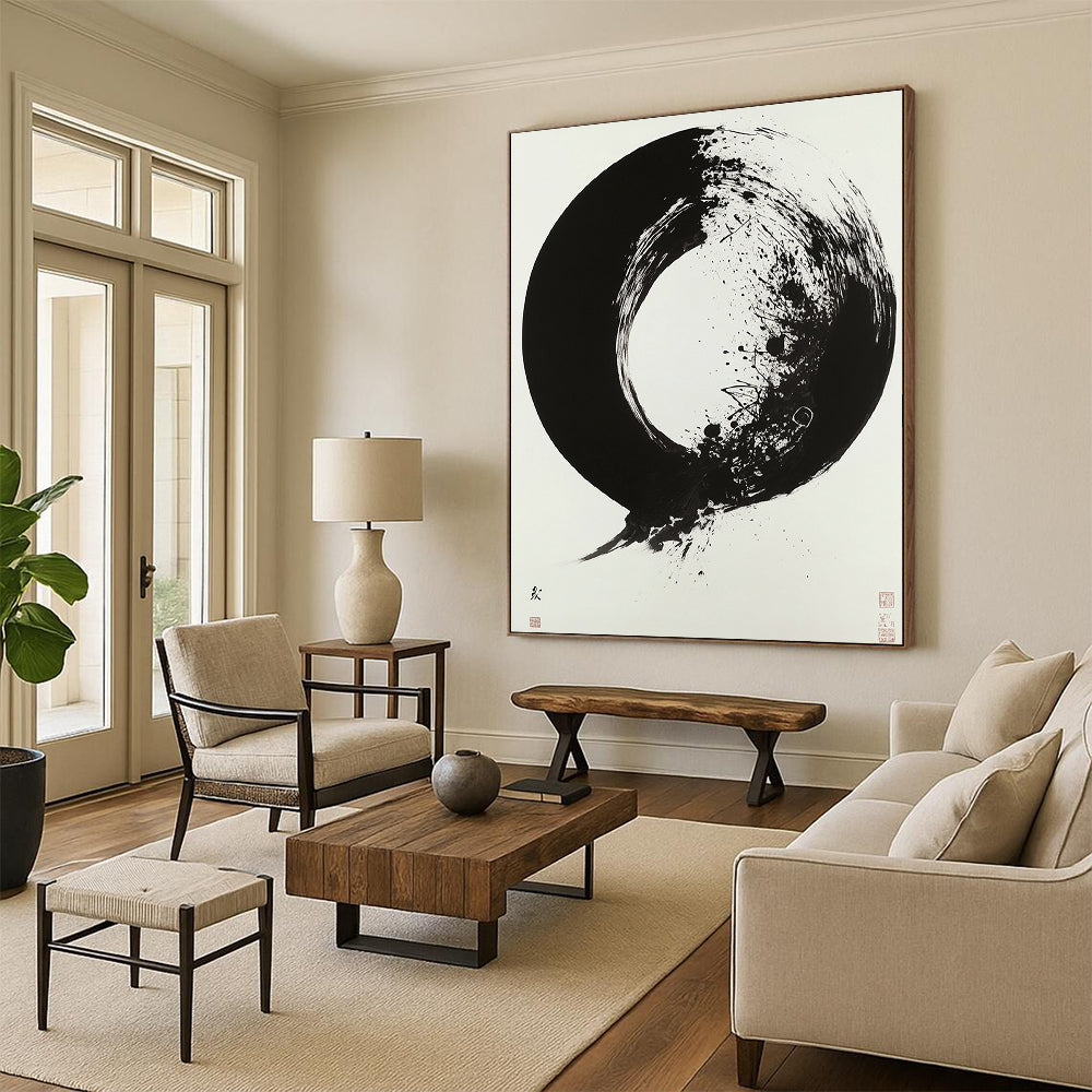 White, Black with Enso - like Circle "Zen Essence" Abstract Painting On Canvas HB020