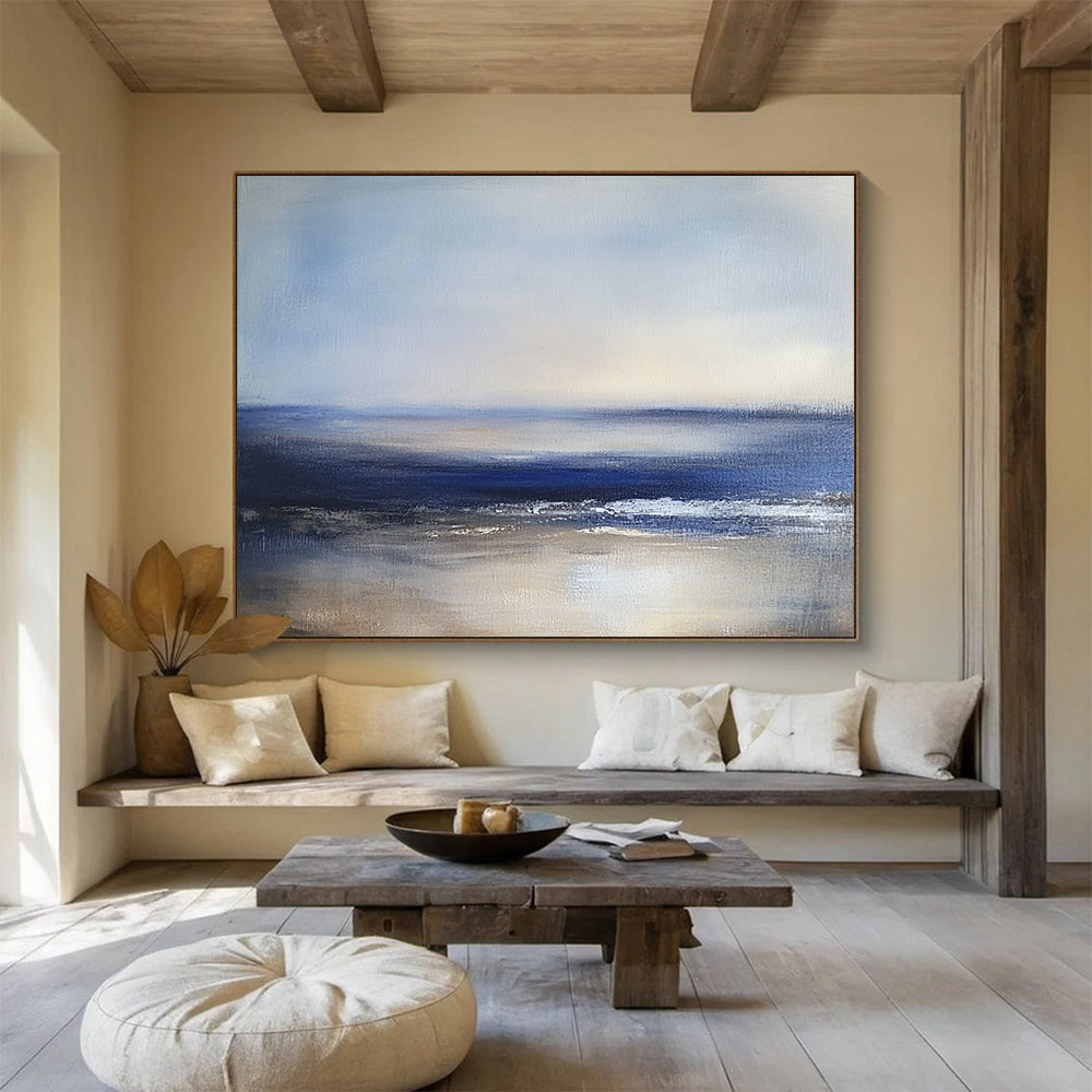 “Serene Blue - Gray Seaside” - Blue, Gray, Calm Sea Painting On Canvas HB0787