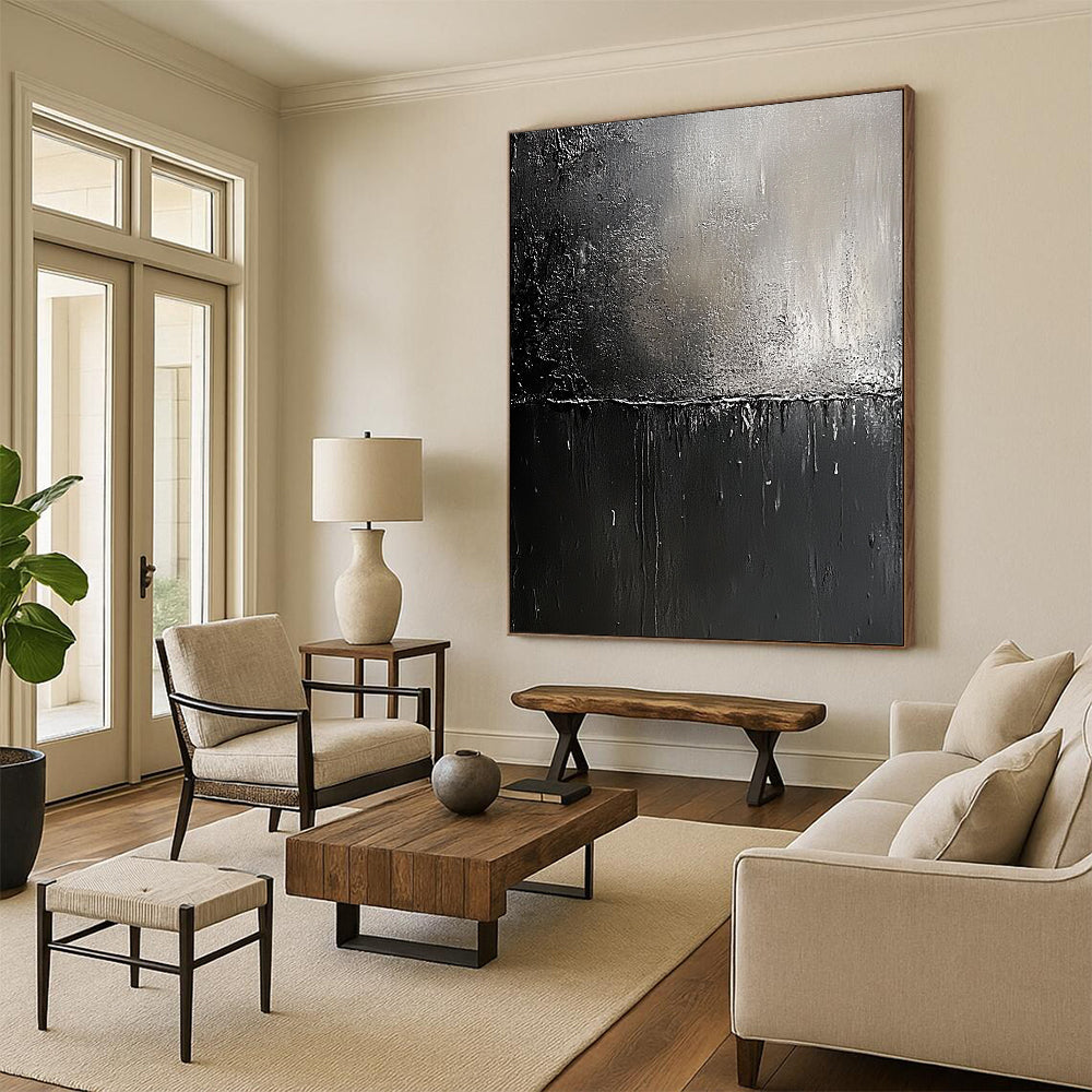 Contemporary abstract painting featuring black and gray metallic textures with visible brush strokes and a hint of light symbolizing hope and renewal. DLZ0319