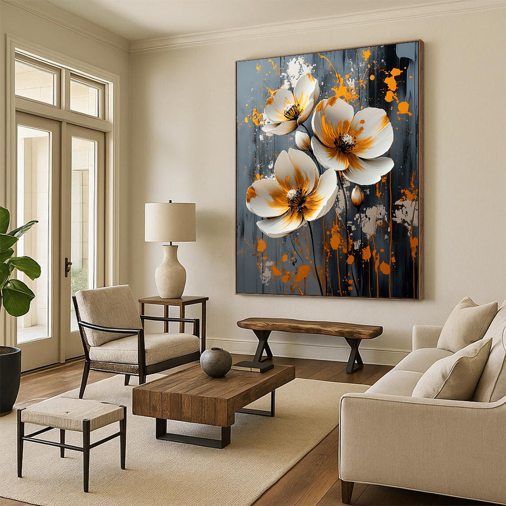 Contemporary abstract artwork features white flowers with gold and silver splashes on a textured grey canvas, perfect for modern decor. DLZ0824