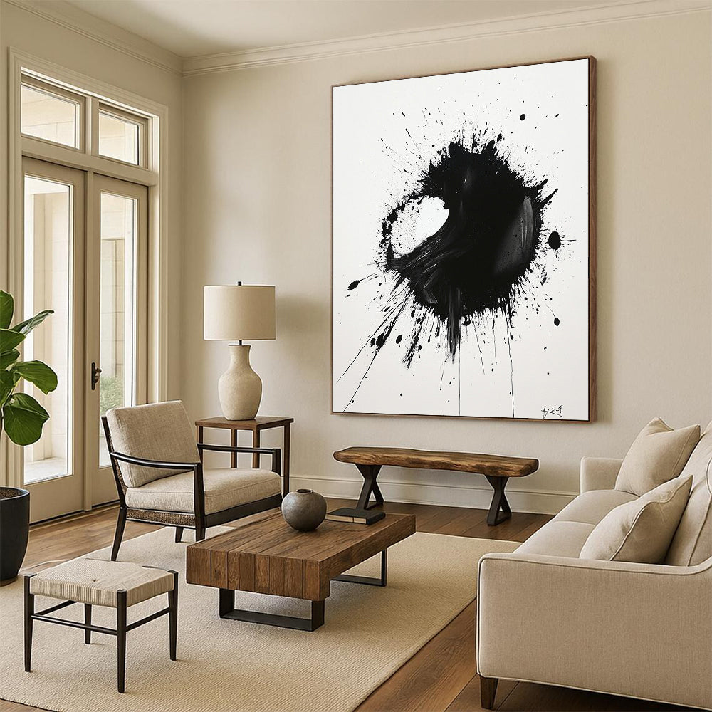 Black Asymmetric Splatter on White - “Unbalanced Ink Drama” Painting On Canvas HB219
