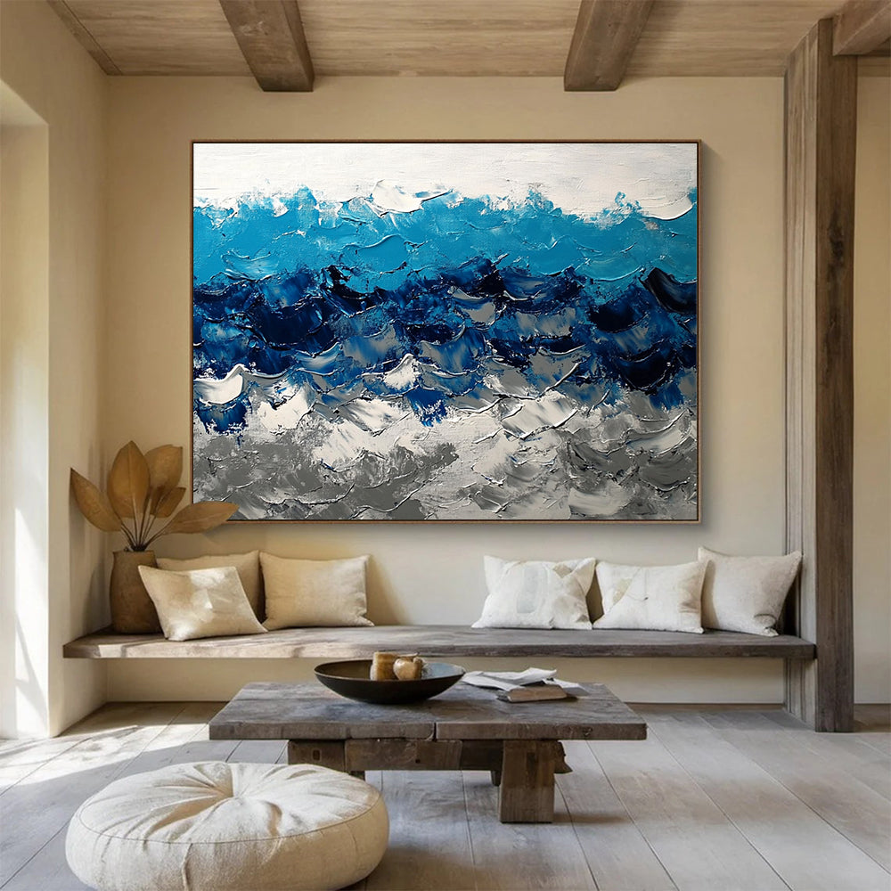 “Bold Blue Wave Textures” - Blue, White, Gray, Bold Wave Textures Painting On Canvas HB0975