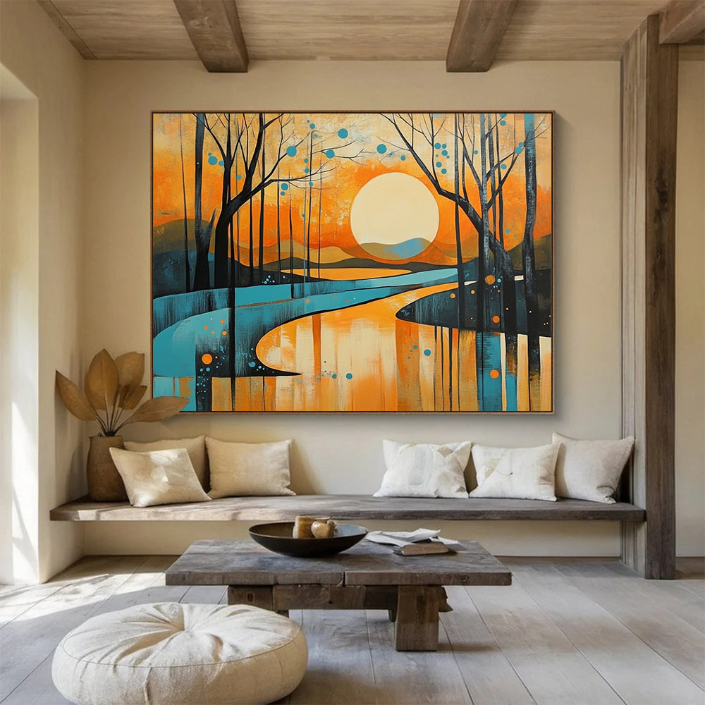 “Sunset Forest Landscape” - Orange, blue, yellow, Modern Landscape Painting HB0627